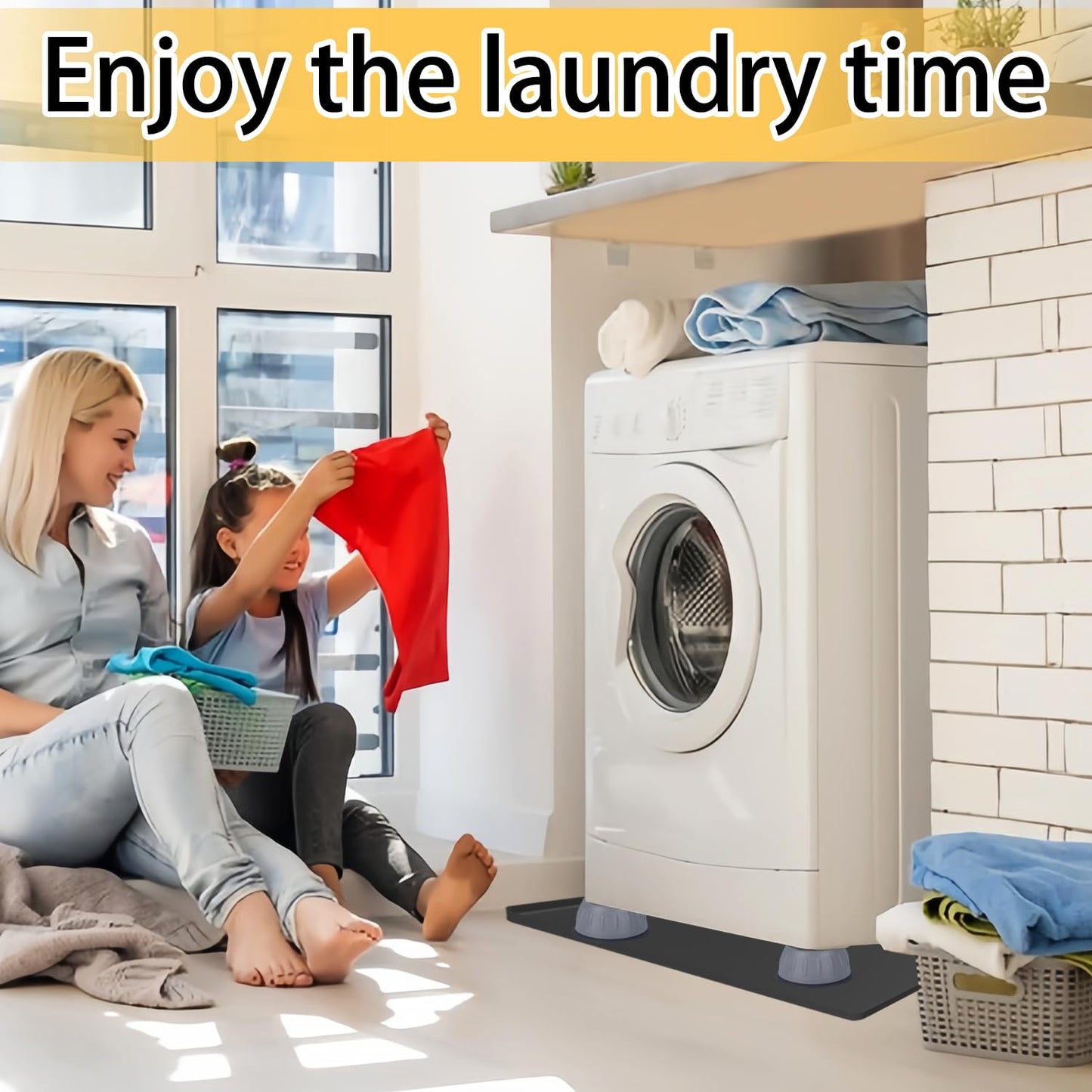 Washing Machine Drain Pan 27"x27" with 4 Anti-Vibration Foot Pads – Washer Tray,Non-Slip, Waterproof, Laundry Appliance Floor protection Set –Noise Reduction Leak Prevention -Soft Silicone Mat