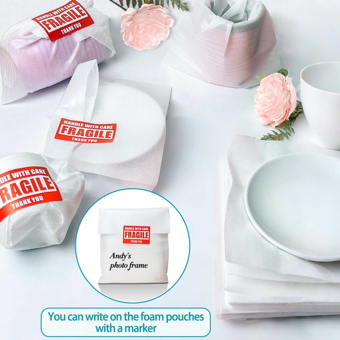 350 Pcs Dish Packing Supplies for Moving, 250 Cushion Foam Pouches and Sheets, 4 Sizes (16x12'', 12x12'', 12x8'', 8x8'') with 100 Fragile Stickers, Foam Pouches for Packing, Storage, Shipping