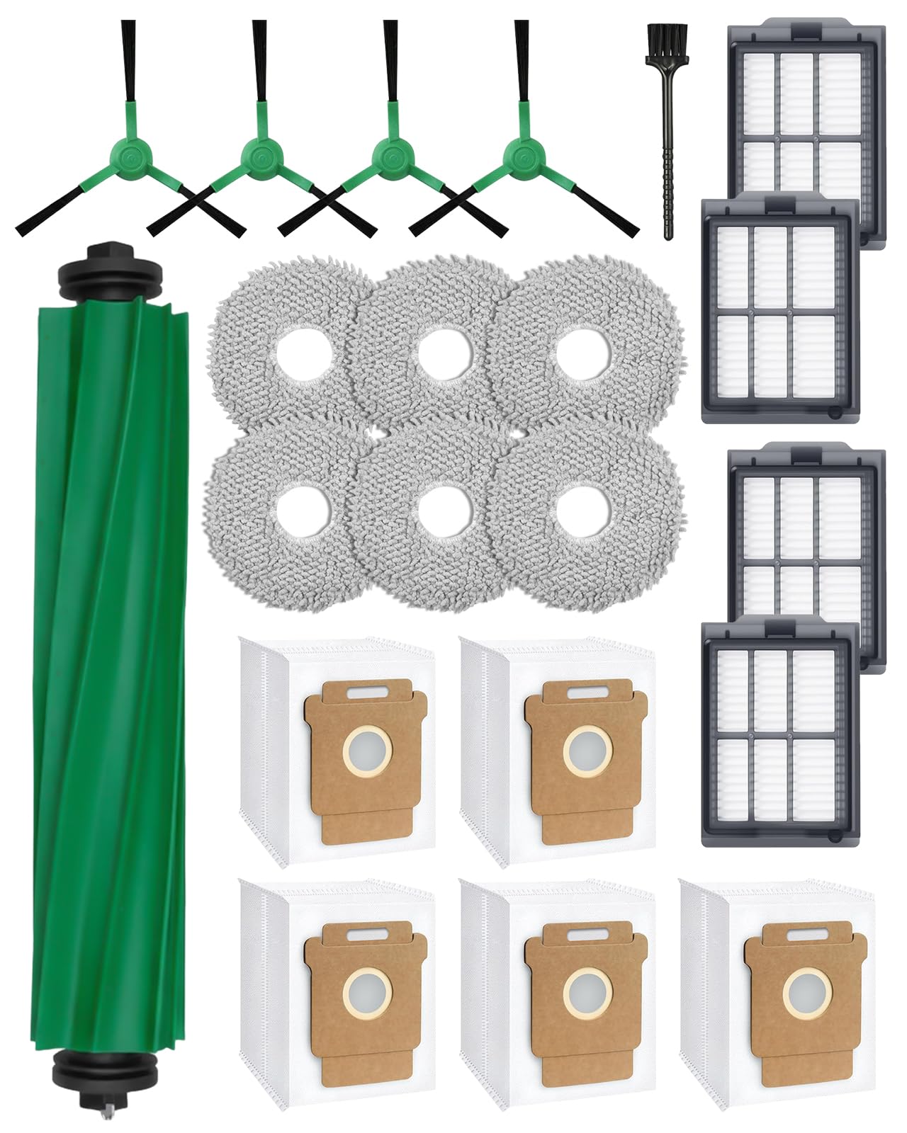 iRobacc 21 Pcs Replacement Parts for iRobot Roomba Plus 405/505/507 Combo Robot Vacuum Cleaner: 1 Main Brush, 4 Side Brushes, 4 HEPA Filters, 5 Dust Bags, 6 Mop Pads, 1 Cleaning Brush