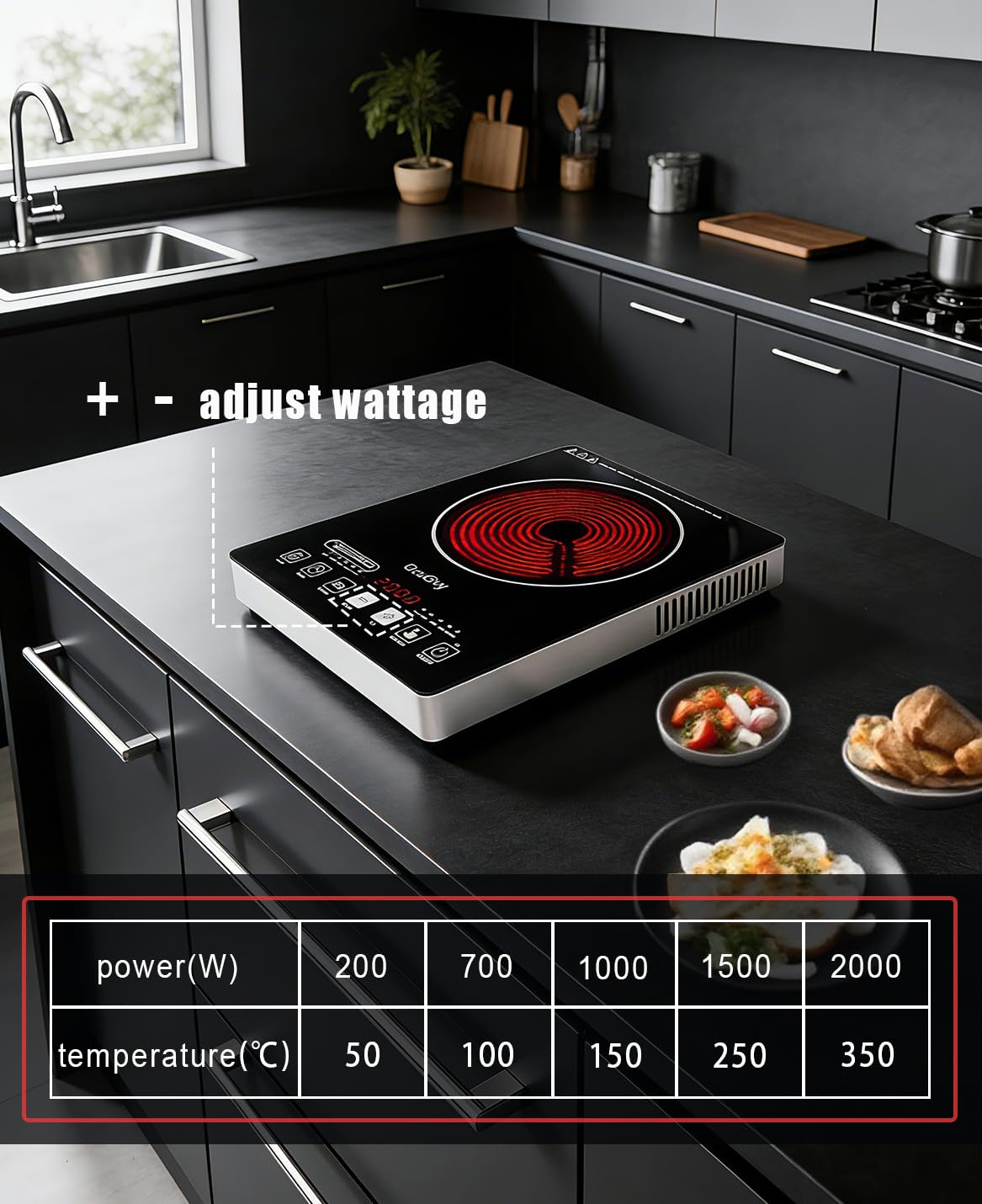 Portable Infrared Burner 2000W Electric Burner with 3 Hours Timer-Electric Hot Plate Touch Control Panel Adjustable Heating Power Glass Plate Electric Cooktop for Cooking (Black 2)