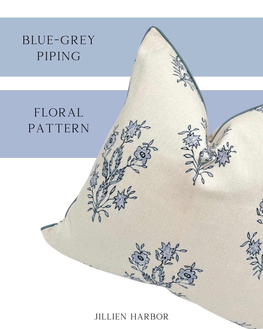 Jillien Harbor “The Mary” Blue and White Decorative Throw Pillow Cover – Floral Block Print Pillow Cover – Grandmillennial Home Decor, 19" x 19"