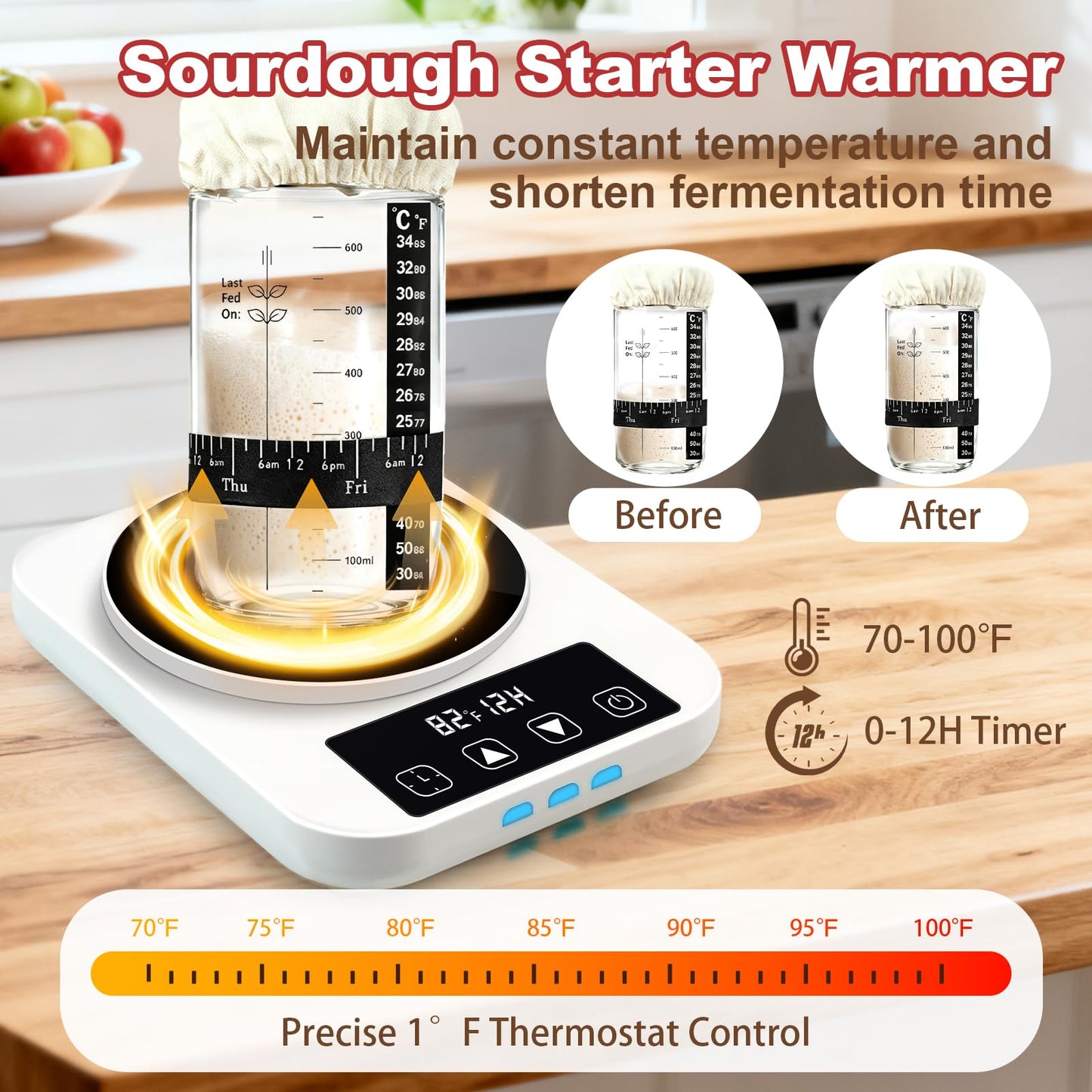 Sourdough Starter Kit with Warmer, Glass Jar and Banneton Bread Proofing Basket - Complete Sourdough Bread Baking Supplies, Sour Dough Making Essentials Tools, Gift for Bakers Beiginner Women Wife Mom