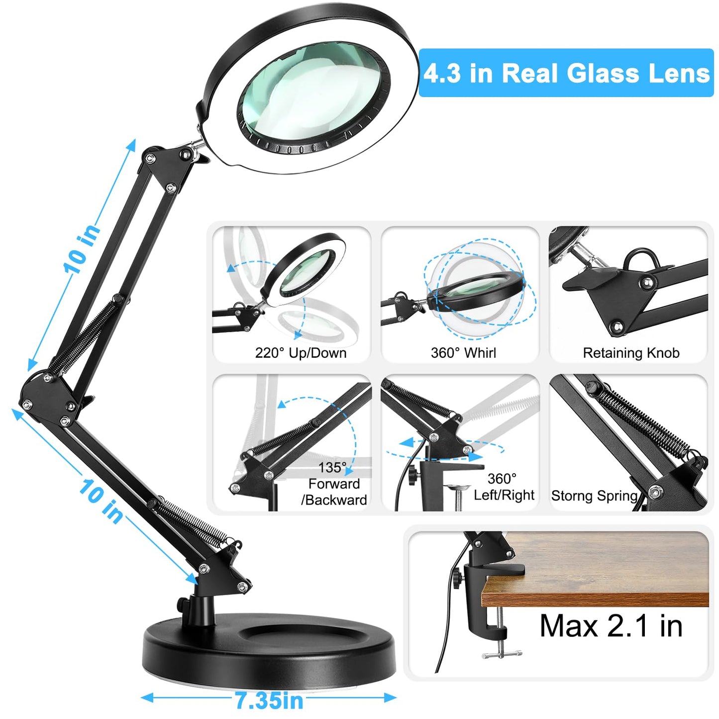 Coyeth 10X Magnifying Glass with Light and Stand, 5 Color Modes Stepless Dimmable 2-in-1 Lighted Magnifier with Clamp, LED Desk Lamp Hands Free for Crafts Hobby Reading Painting Sewing Close Work