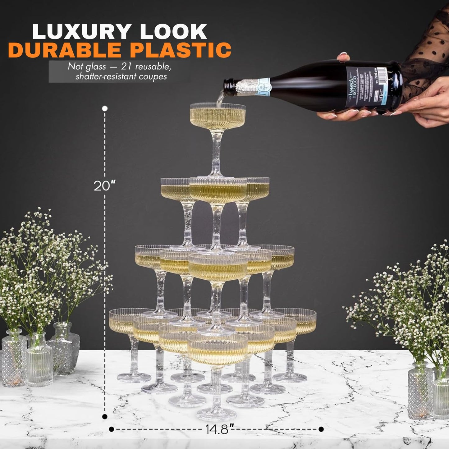 Ksestor PLASTIC Champagne Tower – 21-Piece 7oz Plastic Coupe Glasses, Champagne Tower Glasses Set for Weddings, Parties & Hosting – Clear
