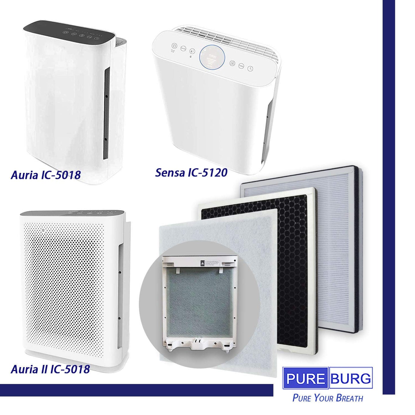 PUREBURG Replacement Filter Compatible with InvisiClean Aura IC-5018, Aura II IC-5018 & Sensa IC-5120 Air Purifiers, H13 True HEPA and Activated Carbon Multi-Layer Filtration, Pack of 2