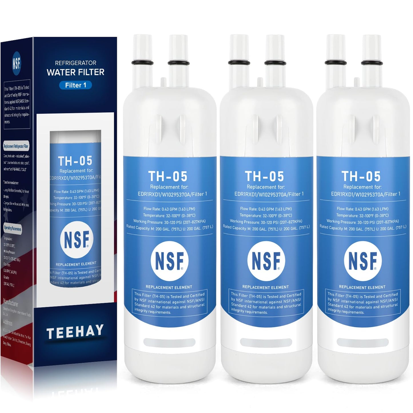TEEHAY EDR1RXD1 Water Filter 1 Replacement, Compatible with Whirlpool WRS315SDHZ, WRS571CIHZ, WRS555SIHZ, WRS325SDHZ, WRF560SEHZ, WRS588FIHZ, WRS571CIDM, WSF26C3EXF, WRF560SEHW, WRF560SEHV, 3 Pack