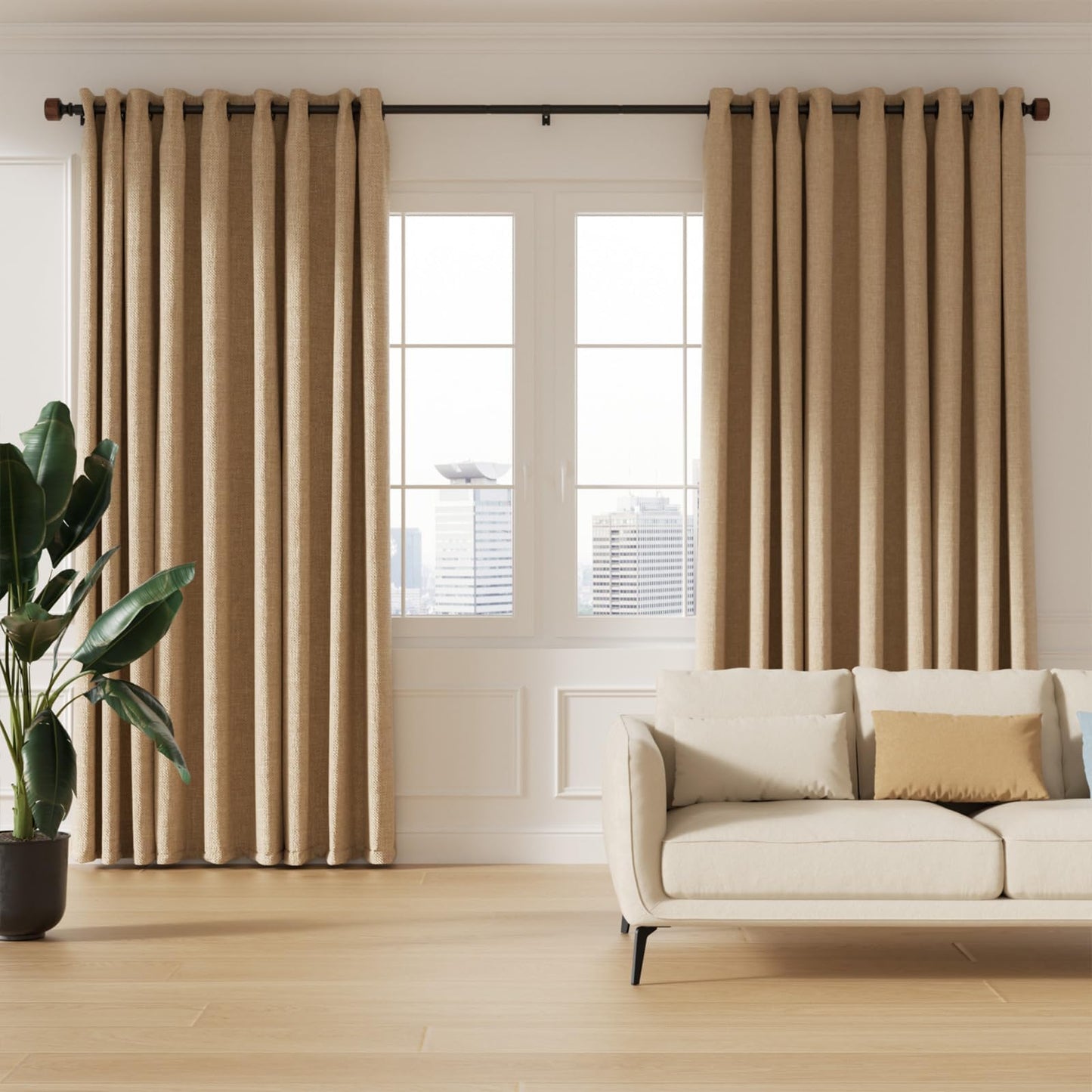 MARHSIPE Wood Curtain Rods for Windows 48 to 84 Inch, 1” Diameter Drapery Rod with Imitation Wood Grain Finials, Adjustable Heavy Duty Curtain Rod Set, Indoor/Outdoor Modern Curtains Rods