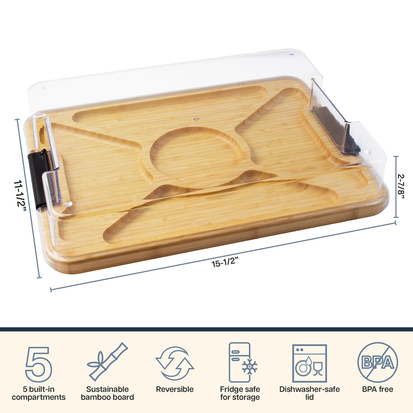 Totally Bamboo Flip, Serve & Store Charcuterie Board with Lid, Reversible Bamboo Cutting Board and Portable Cheese Tray with Compartments, Locking Travel Cover, 15.5 x 11.5 Inches