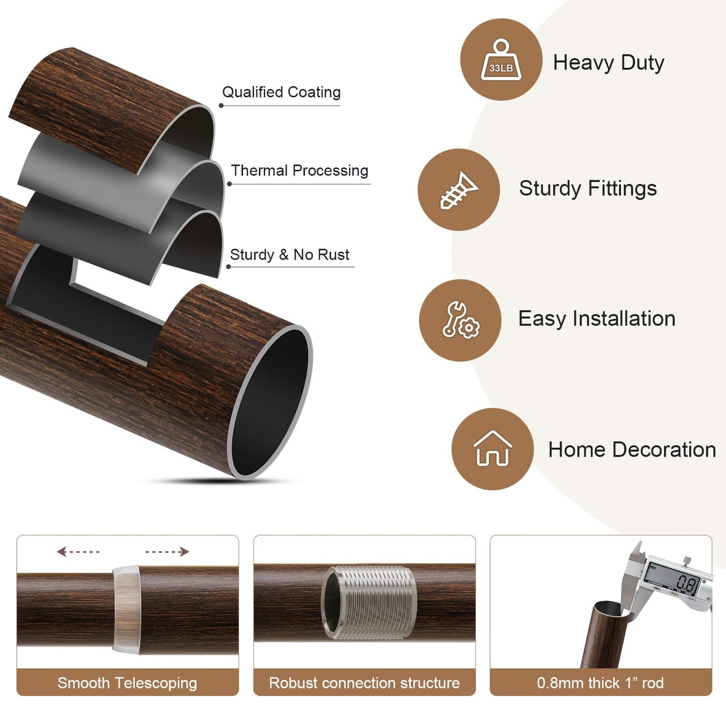 Lootkell 2 Pack Deep Walnut Wood Curtain Rods for Windows 48 to 84 1" Diameter Heavy Duty Window Rod Adjustable with Handmade Wood Grain Design for Living Room Bedroom Kitchen Farmhouse Outdoor