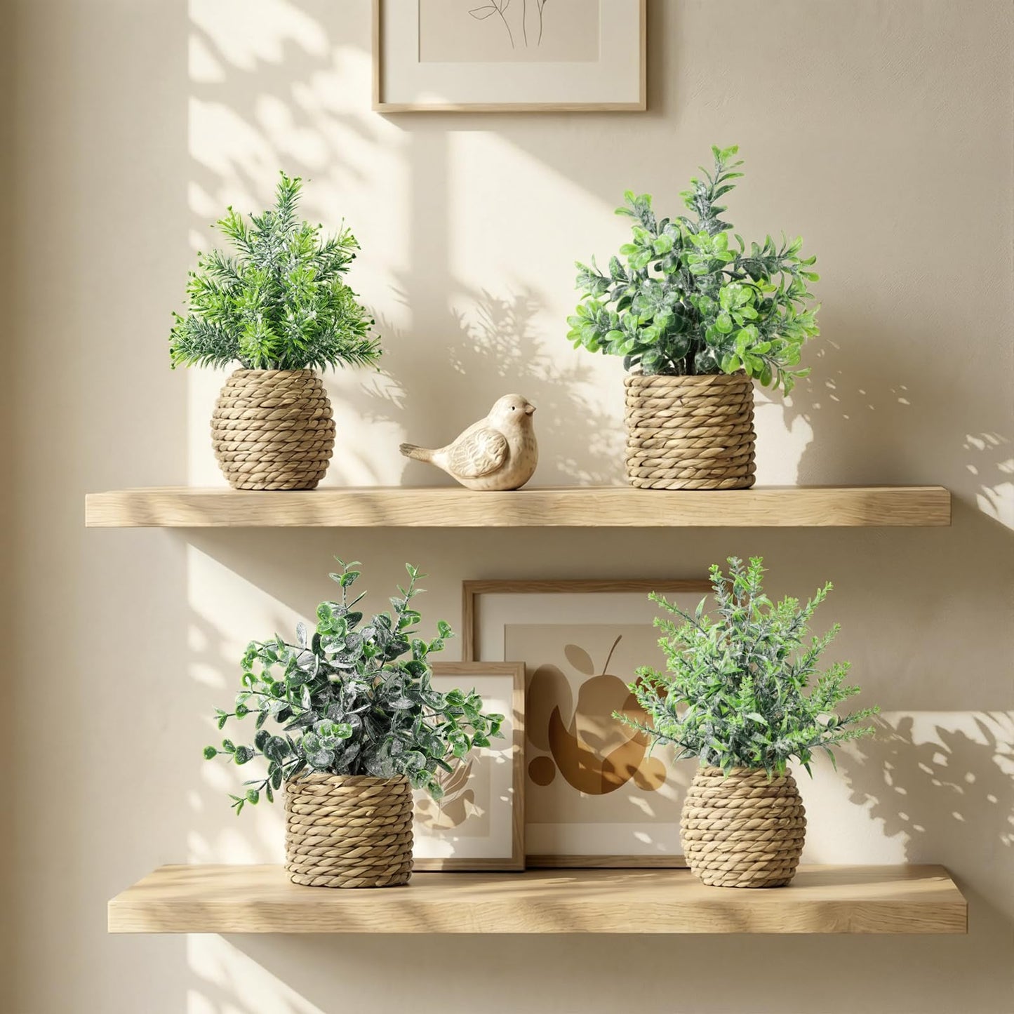 Treory Small Fake Potted Plants: 9 Inches Artificial Plants with Seagrass Handwoven Planters, Indoor Farmhouse Decorations, Eucalyptus Plant for Home Bathroom Office Shelf Tabletop Desk Room Decor