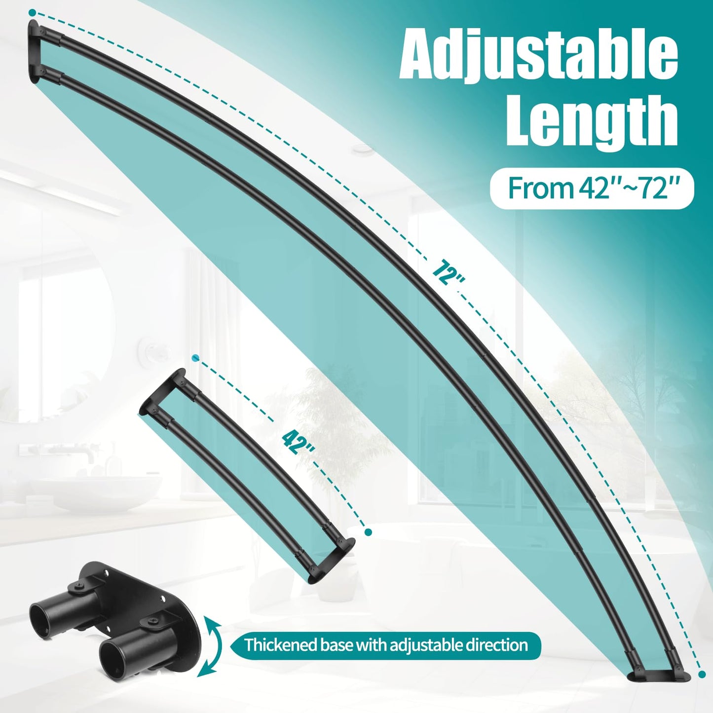 Anndason Double Curved Shower Curtain Rod 42 to 72 Inches Elegant Double Shower Curtain Rod Adjustable Wall Mounted Double Shower Curtain Pole for Bathroom (Black, 42 to 72")