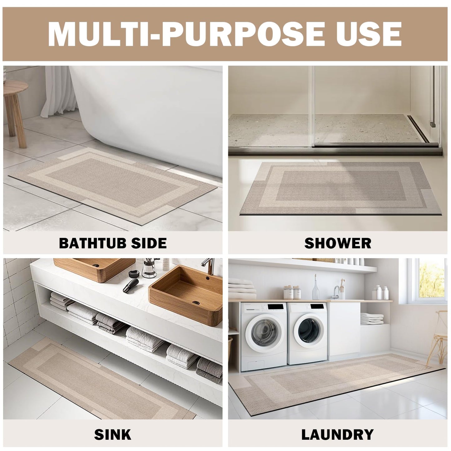 YDKGL Non Slip Bath Mat, Rubber Backing Ultra Thin Bathroom Rugs Fit Under Door Quick Dry Super Absorbent Washable Bath Rug Shower Mat for Bathroom Floor Bathtub Shower Sink, Easy Care Beige 20"x 32"
