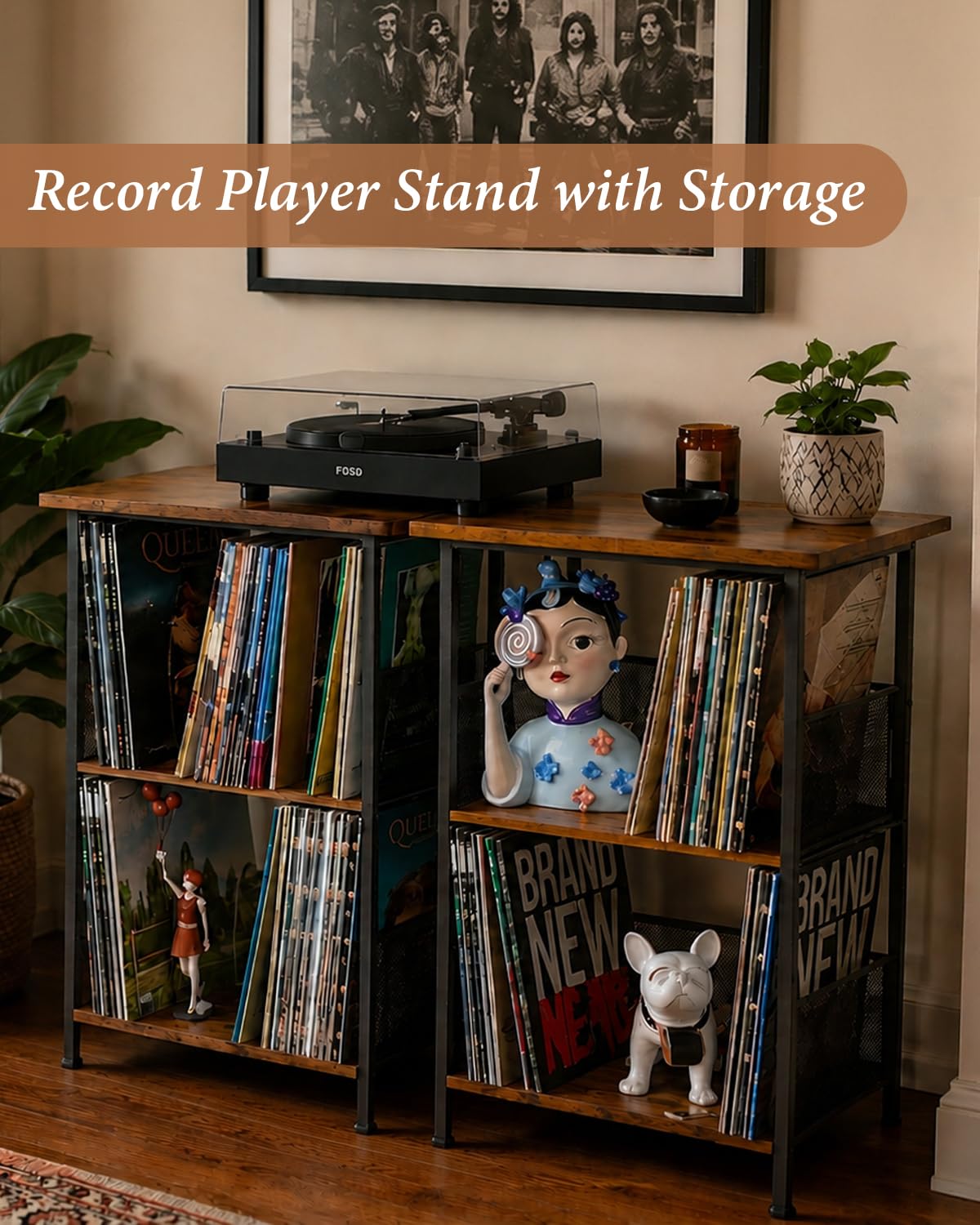 Honkazita Record Player Stand 3-Tier, Vinyl Record Storage up to 200 Albums, Record Player Table with Smooth Wood Top, Fits Most Phonographs, Turntable Stand & Bedside Nightstand, Space-Saving