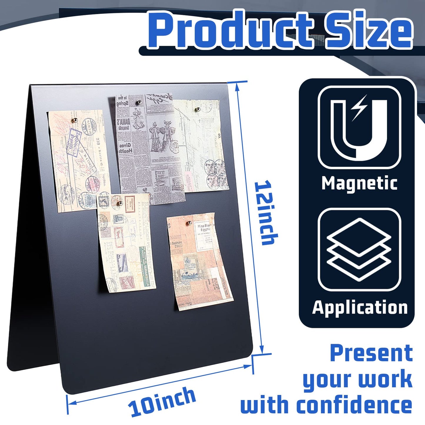 Leinuosen 2 Pcs 12 x 10 Inch Magnetic Bulletin Board Metal Magnet Board Magnet Display Stand for Tabletop Desktop Home Kitchen Office Decor (Black)