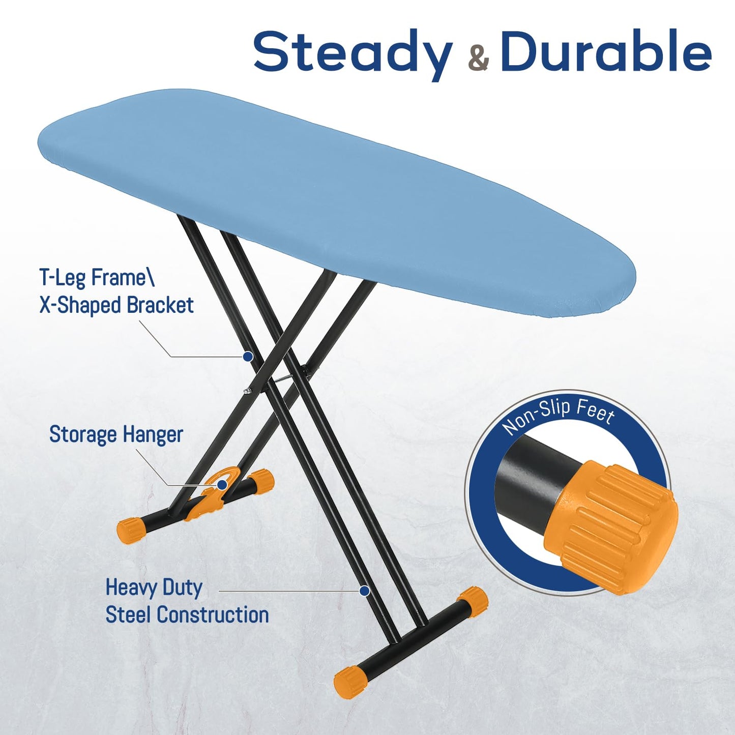 RAINHOL Compact Ironing Board Full Size 43x13 with Extra Thick Padded Cover, Height Adjustable Iron Board with Hanger, Easy to Fold Space Saver Design for Dorm Apartment Small Laundry Rooms, Blue