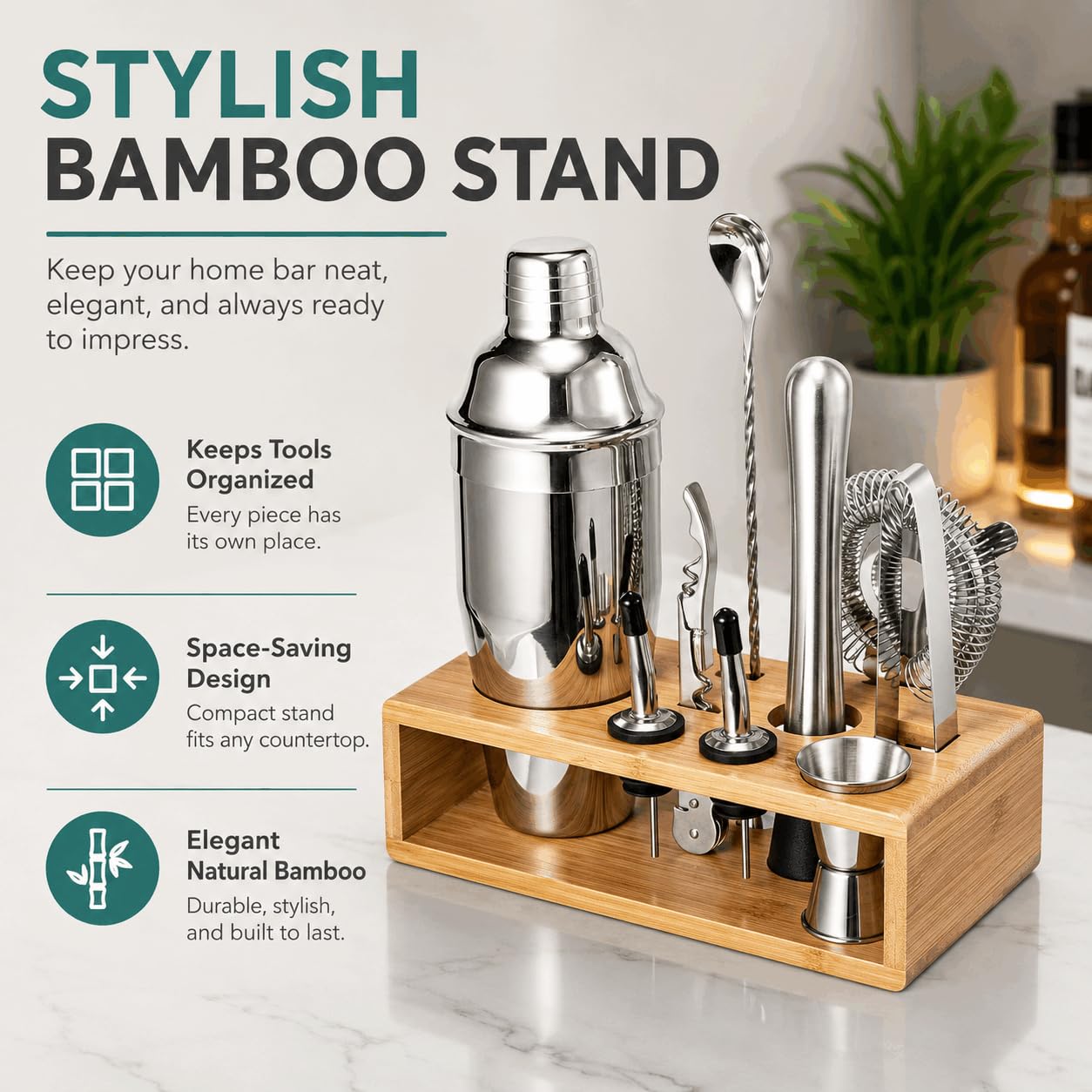 Cocktail Shaker Set, 18/8 Food-Grade Stainless Steel Mixology Bartender Kit 10-Piece Bar Tools with Stylish Bamboo Stand - Rust-Proof & Dishwasher Safe - Professional Martini Shaker Gift for Men, Dad