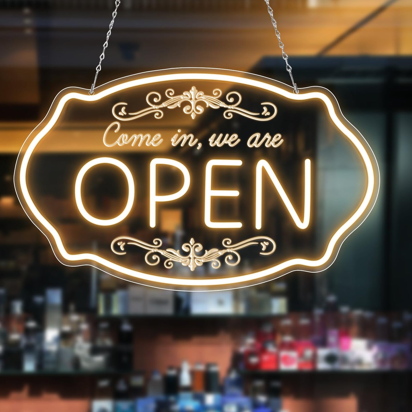 Open Sign for Business, 16.5 x 10 Inch Come In We're Open LED Neon Sign, Adjustable Brightness Warm White Window Sign for Storefront, Coffee Shop, Salon, Restaurant, Bar