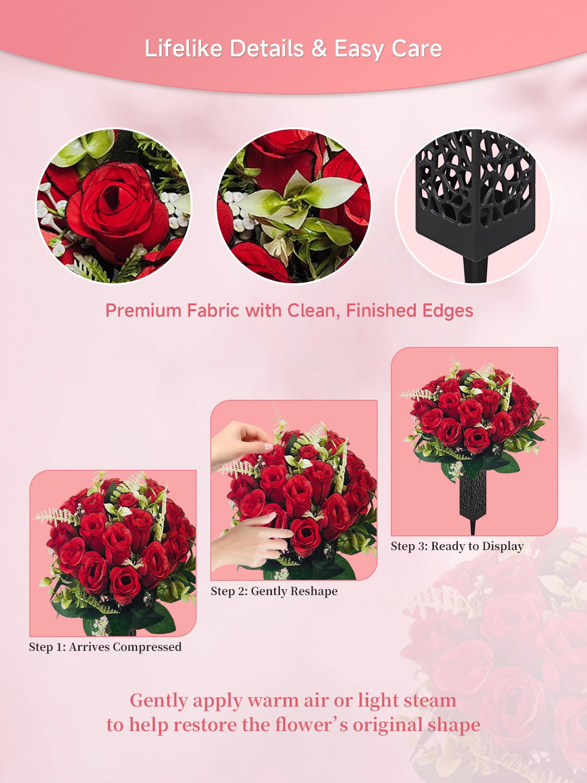 2 Pack Cemetery Flowers for Grave with Spiked Vases, 18-Stem Red Artificial Rose Bouquets with Flag, Non-Bleeding & Wind-Resistant All-Weather Memorial Decorations for Headstones