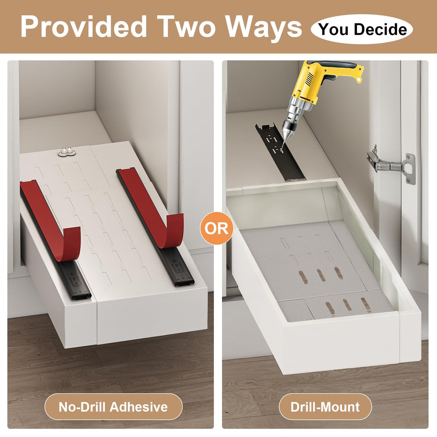 Pull out Cabinet Organizer,Width (7"-11") and Depth (17"-24") Expandable,No Drill Adjustable Slide out Drawers for Kitchen,Pantry,Adhesive Roll out Shelves,for Cabinets Without Lip,White
