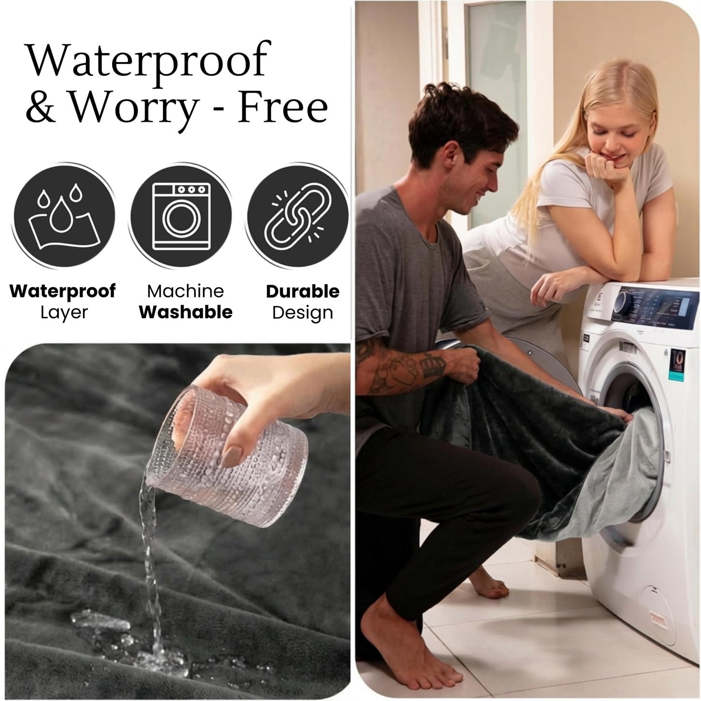 CREW FLX Waterproof Blanket for Bed (80"x60" Queen Size) Reversible Plush Fleece, Moisture Absorbent TPU Layer Stain Proof Couch Bed Mattress Water Proof Cover Light/Dark Gray