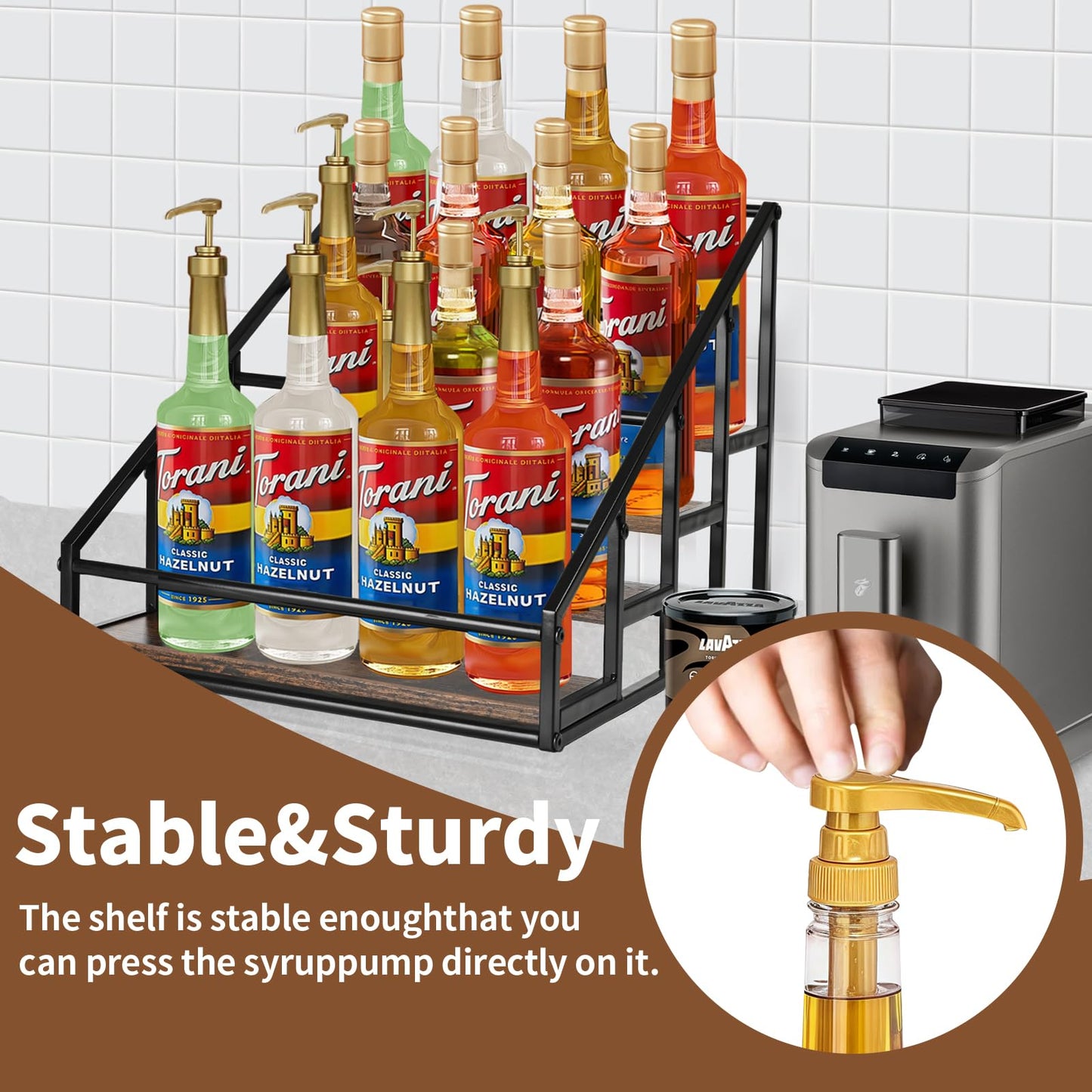 Coffee Syrup Organizer Rack, Liquor Bottle Display Shelf, Spice Racks, 4-Tier 16 Syrup Bottles Holder Stand for Coffee Bar Kitchen Small Wine Rack for Bar Family Storage for Syrup Wine Dressing