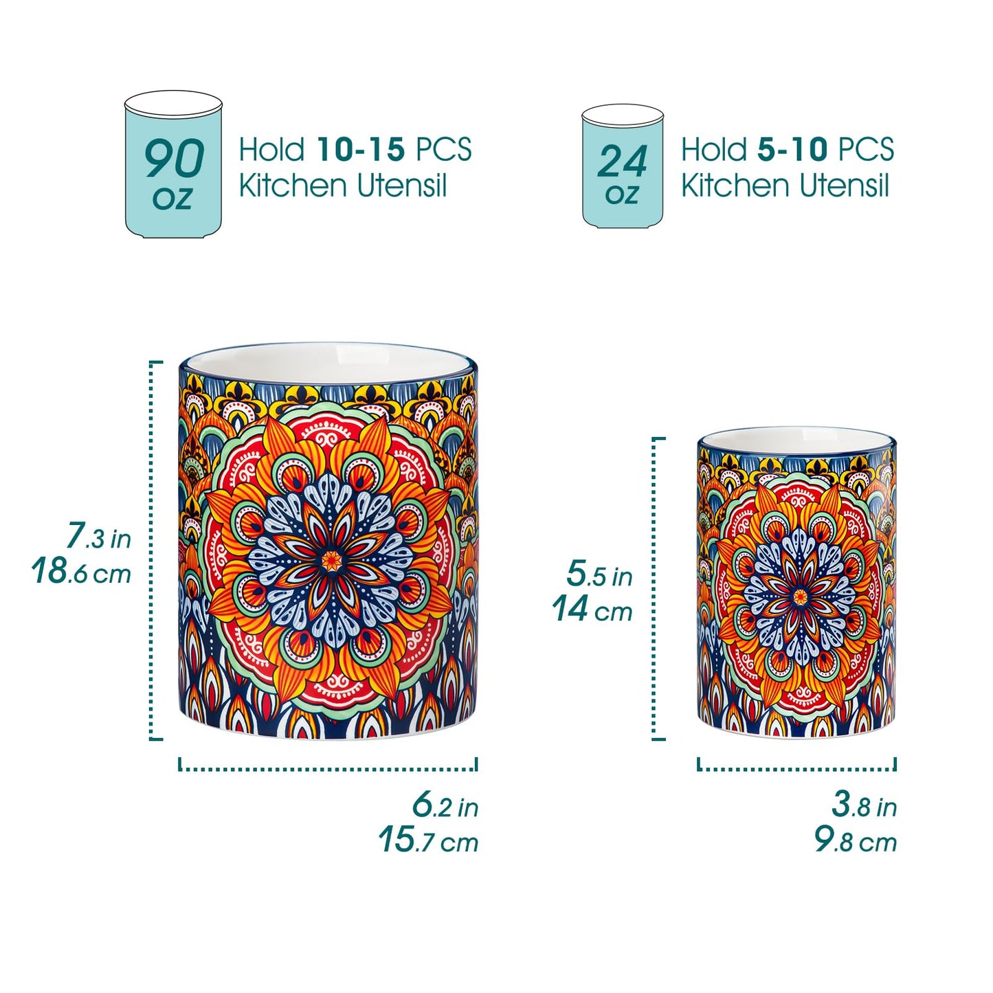 vancasso SIMI Utensil Holder, 7.3"+5.5" Porcelain Kitchen Utensil Holder for Countertop, Bohemian Kitchen Utensil Organizer for Spatulas, Spoons, Ladles, Decorative Counter Utensil Crock, Regal Bloom