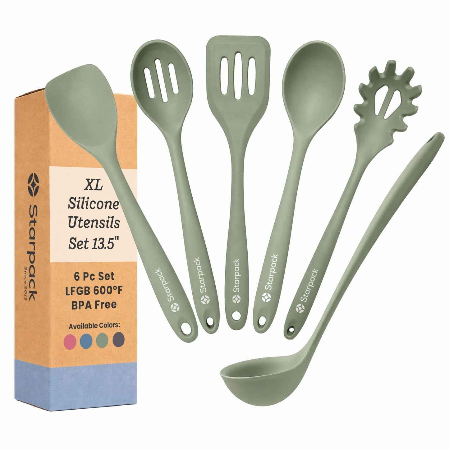 Starpack Like a Boss XL Silicone Cooking Utensils Set (6-Piece, 13.5") - LFGB Certified, 600°F Heat Resistant, BPA-Free - Heavy-Duty Steel Core, Dishwasher Safe - for Nonstick Cookware, Sage Green