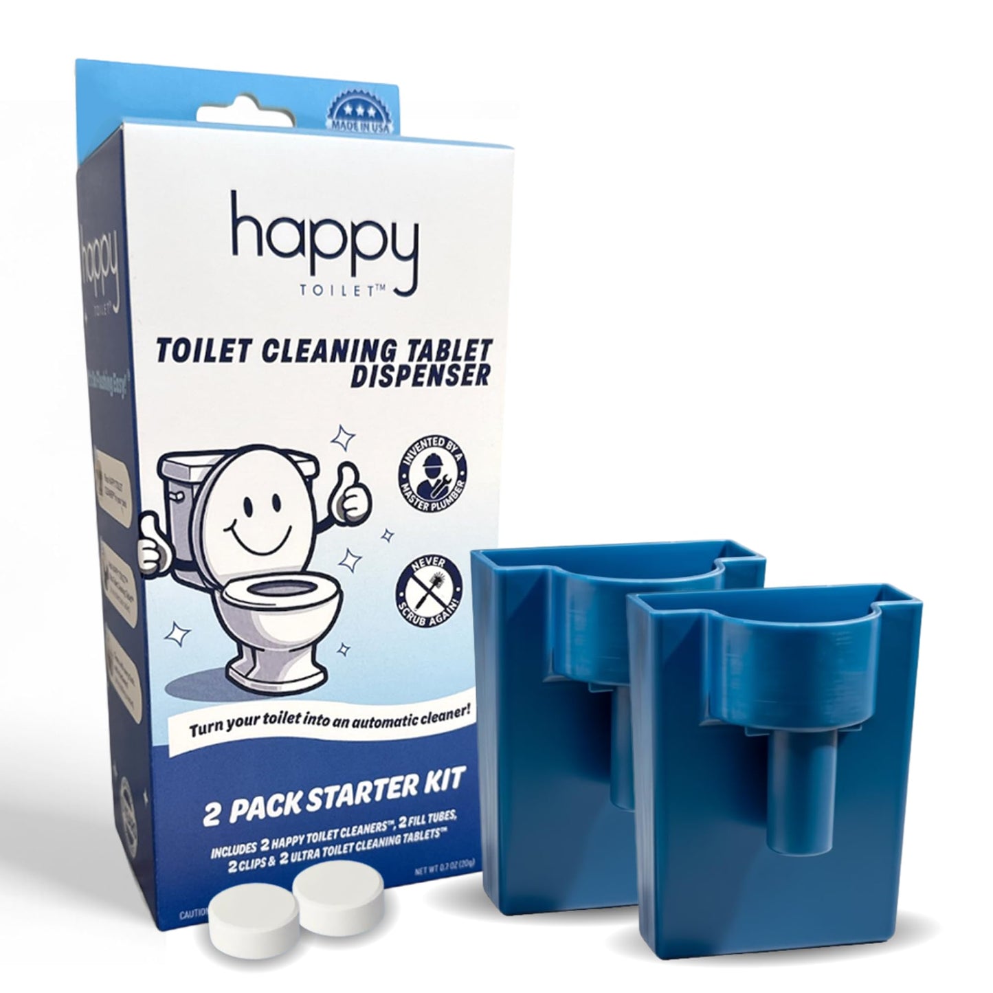 Happy Toilet Cleaner Automatic Toilet Bowl Cleaner 2 Pack - Easy to Install Toilet Tablet Holder - Self-Cleaning Toilet System, Deep Clean with Every Flush - Made in the USA