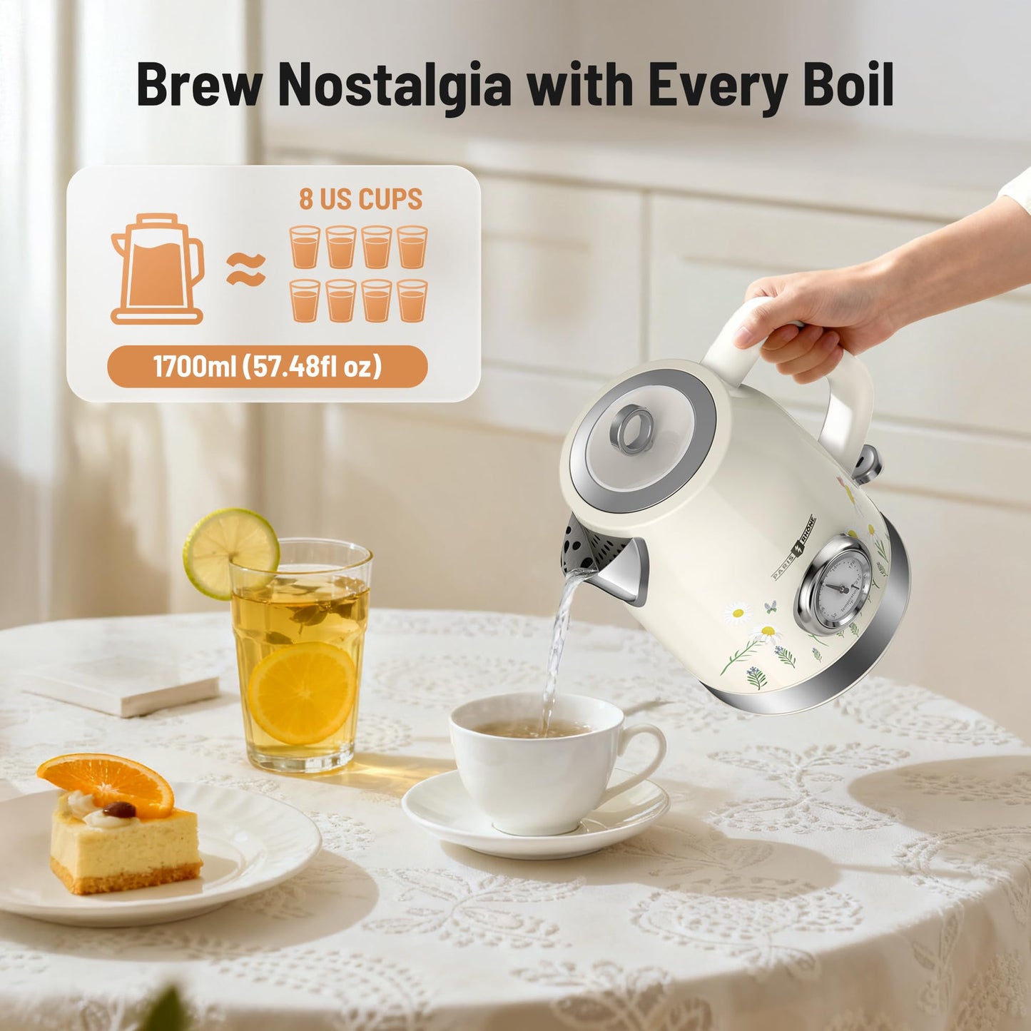 PARIS RHÔNE Retro Stainless Steel Electric Kettle, 1.7L Cordless Hot Water Tea Kettle with Thermometer, 1500W Fast Heating, LED Indicator, Auto Shut-Off & Boil Dry Protection