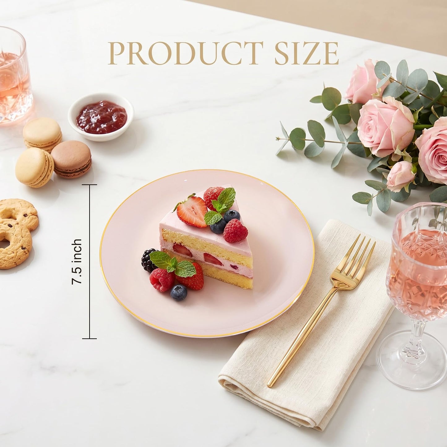 Rubtlamp 200Pcs Plastic Pink Dessert Plates with Disposable Gold Forks,Heavy Duty Pink Disposable Salad Platos,Gold Small Platos,Fancy Appetizer Plates for Mother's Day