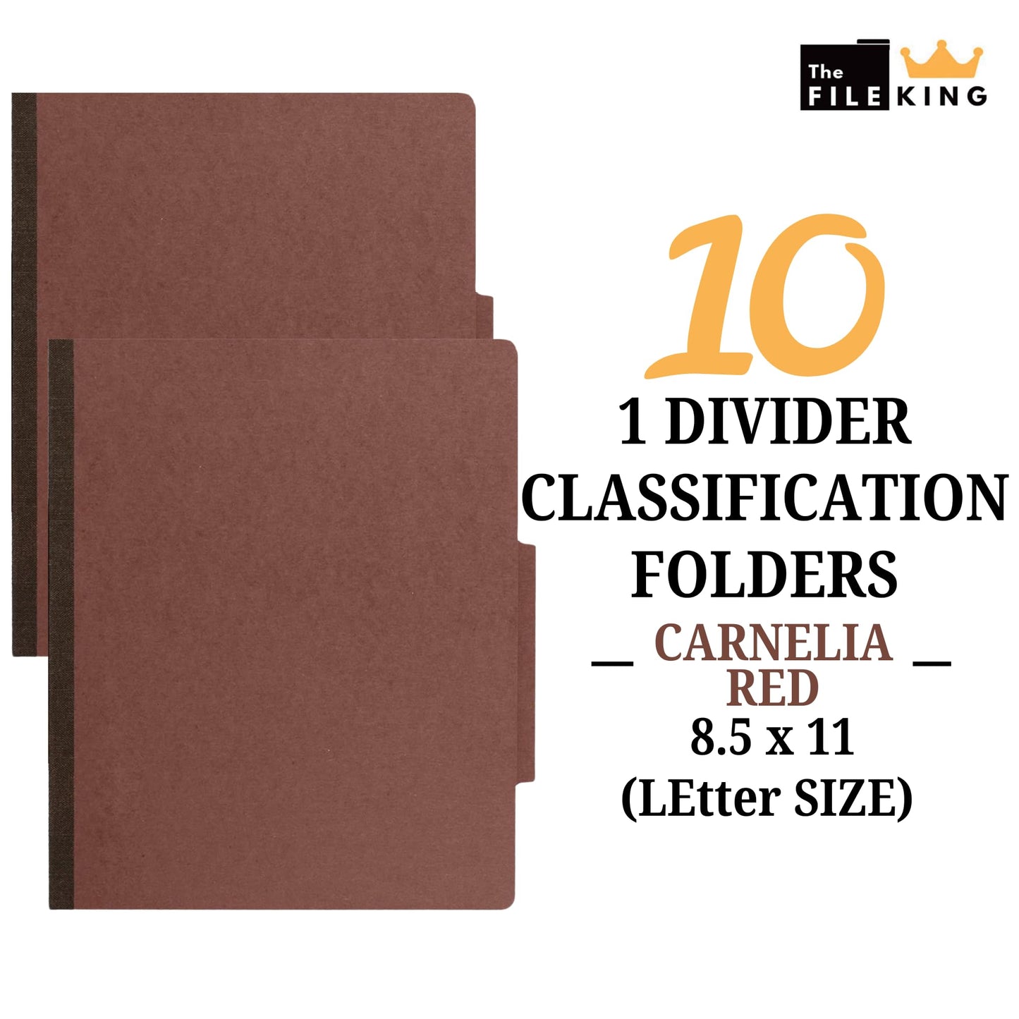 The File King One Divider Brick Red Pressboard Classification File Folder - Letter Size | Box of 10 | Top Tab | 2” Expansion | Four 2-Inch Durable Fastener Prongs | USA Made