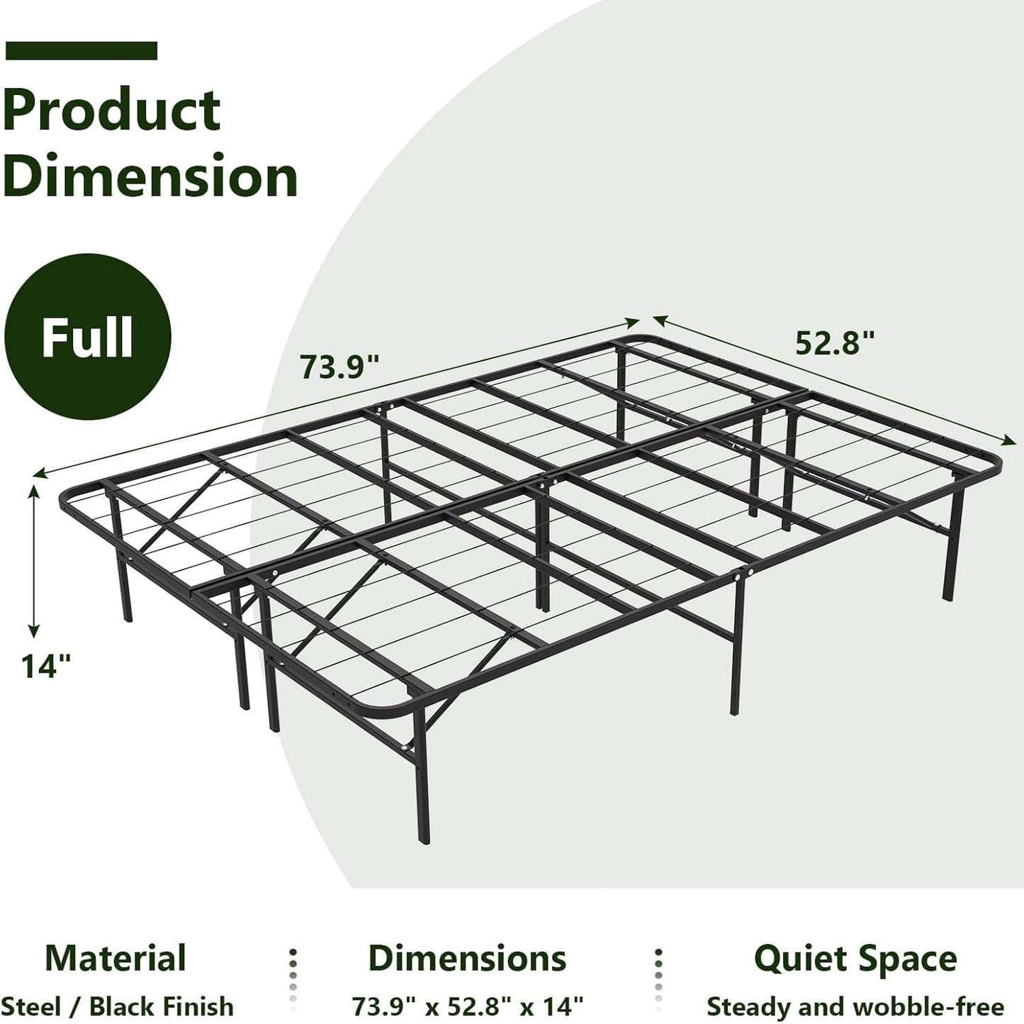 MAKE CHANGES Foldable Full Size Bed Frame，Metal Platform with 14" Underbed Storage, Heavy Duty，Noise Free,Easy Foldable Assembly, No Box Spring Needed,Black