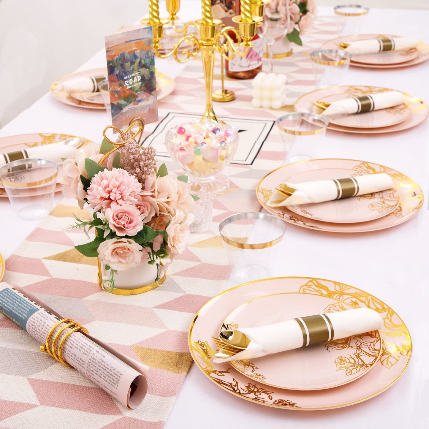 DaYammi 210Pcs Pink Plastic Plates,Pink Gold Floral Disposable Dinnerware Set-30 Dinner Plate,30 Salad plate,30 Per Rolled Napkins with Gold Cutlery,30 Cups,Fancy Party Plates for Wedding Party