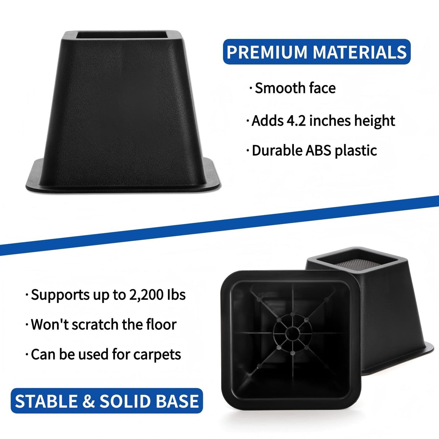 Mezchi Bed Risers 4 Inch Heavy Duty, 6 Pack Durable Plastic Furniture Lifts, Supports 2200 lbs for Bed, Sofa, Desk, Non-Slip & Stackable Design