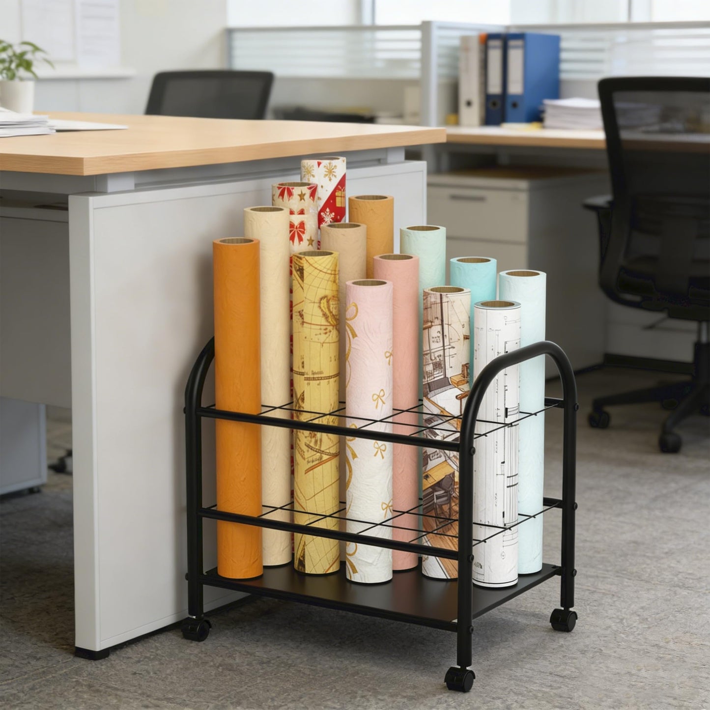 Yutrchey Blueprint Storage Holder with Wheels – 20-Slot Metal Roll File Rack with Silent Casters & Brakes for Blueprints, Wrapping Paper, Posters, Maps – Mobile File Cart for Office & Home (Black)