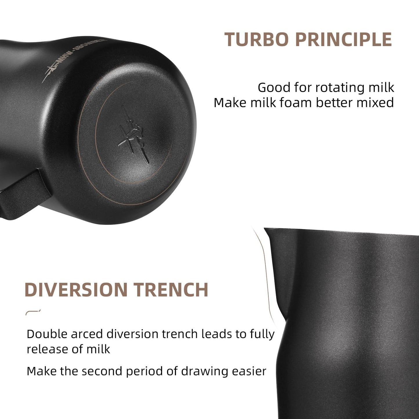 MHW-3BOMBER Milk Frothing Pitcher 12oz Milk Frother Cup Espresso Steaming Pitcher Stainless Steel Milk Frother Cup Barista Latte Art Round Spout Milk Jug, Black P6007MB-OS