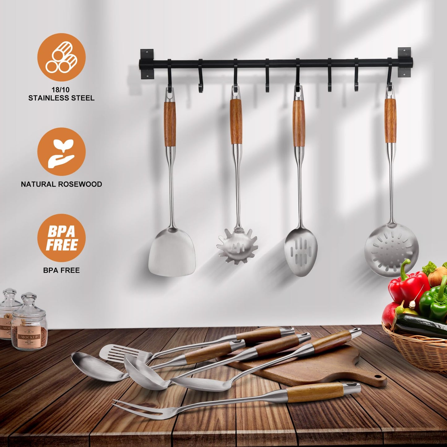 9 PCS 304 Stainless Steel Cooking Utensils set with Wooden Handle, Metal Kitchen Utensils Set, Large Heat Resistant Wooden Handle Kitchen Tools, Stainless Steel Wok Spatula