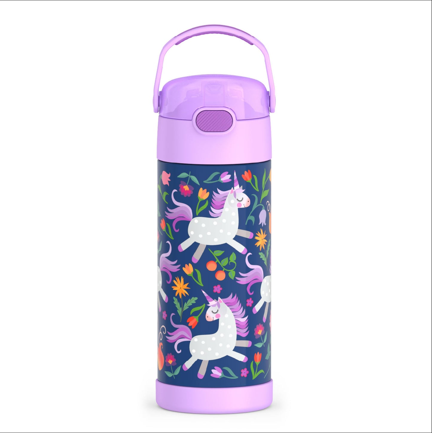 THERMOS FUNTAINER Water Bottle with Straw - 12 Ounce - Kids Stainless Steel Vacuum Insulated Water Bottle with Lid, Unicorn Blooms