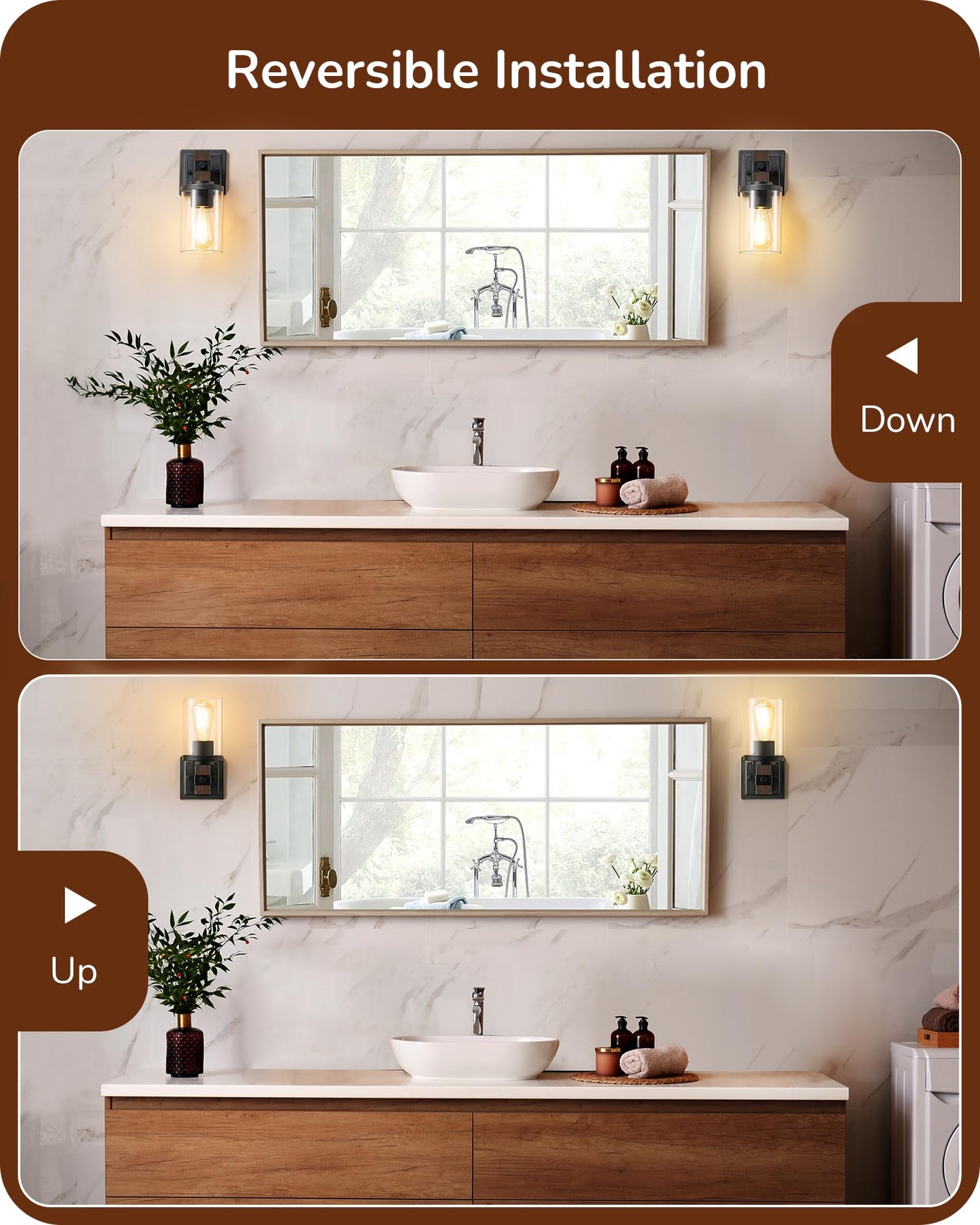 EDISHINE Wall Sconces Set of 2, Farmhouse Vanity Light Fixtures with Clear Glass Shade & Dark Brown Wood Grain Paint, 1-Light Wall Mount Lamp for Bathroom, Hallway, Living Room, Mirror, Kitchen