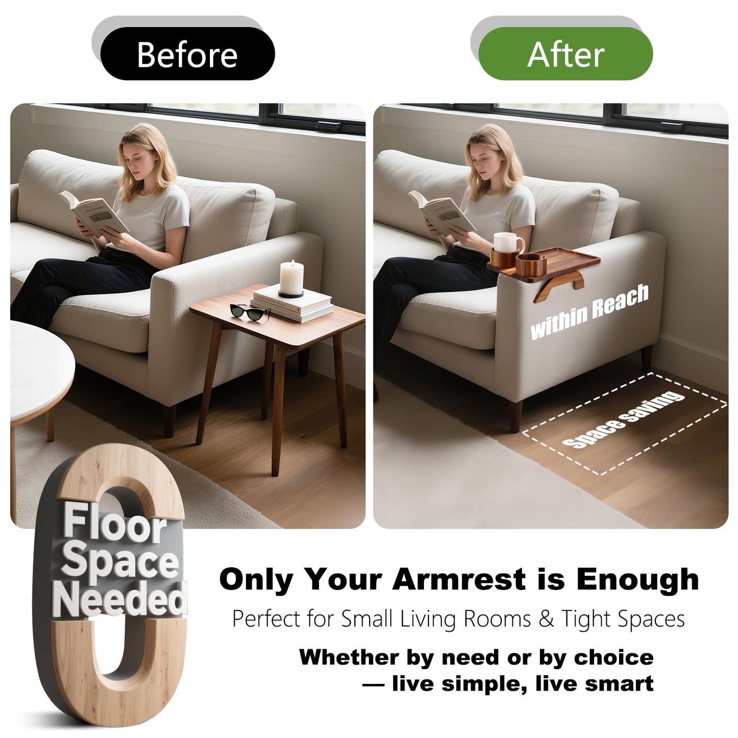Nnewvante Couch Arm Table with Cheese Board, 4 in 1 Large 15.7"x9.85" Acacia Wood Sofa Arm Clip on Tray with 360 Rotated 2 Cup Holder & Phone Holder & Knife Fork on Armrest