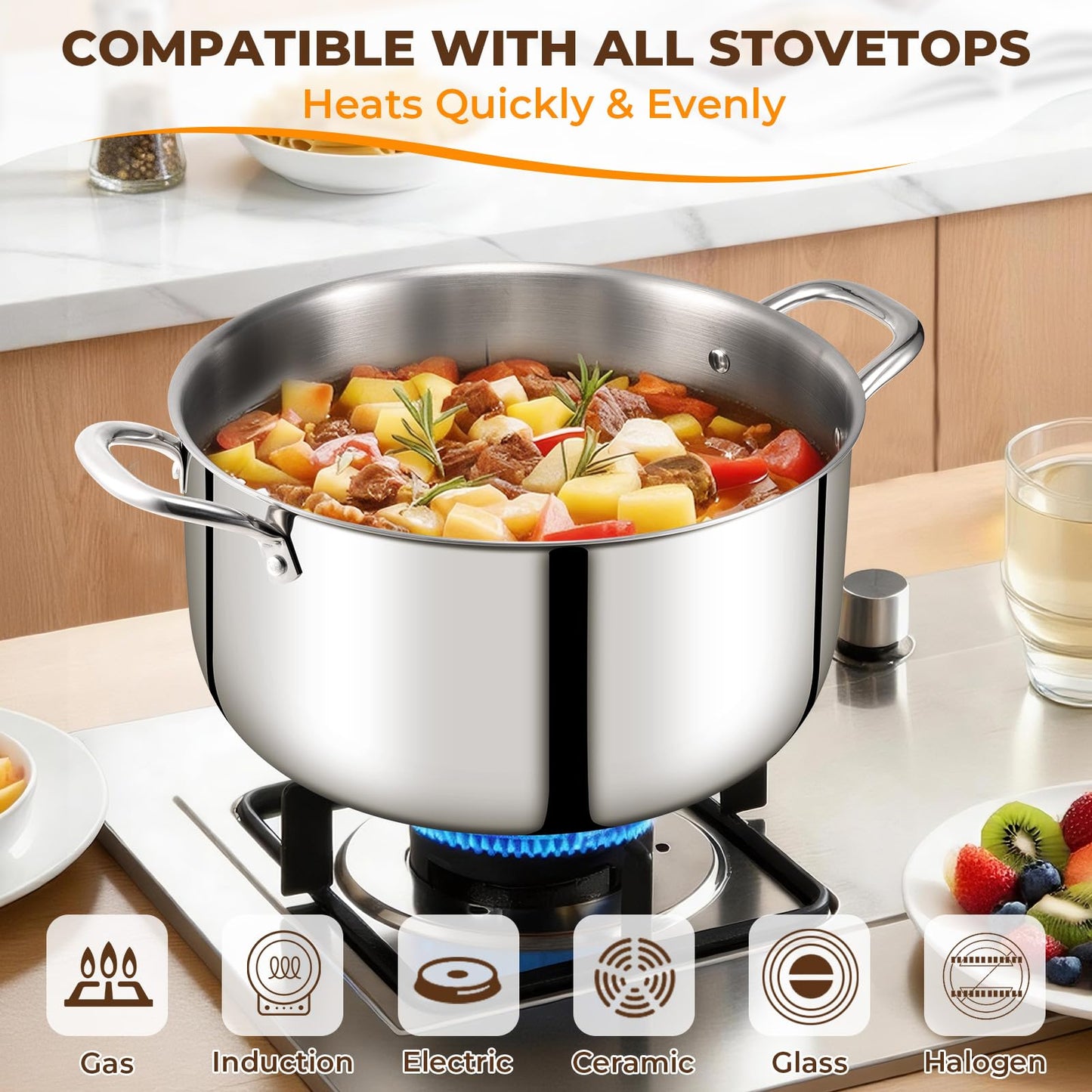 Tri-Ply Stainless Steel Stock Pot, 12 Quart Heavy Duty Induction Cooking Pot with Visible Lid for Pasta, Soup, Spaghetti, Sturdy & Double Handle, Dishwasher Safe