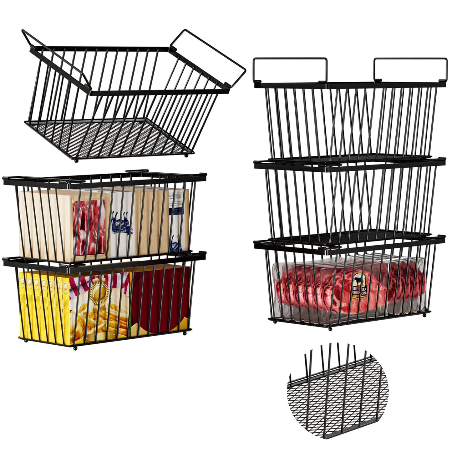 ANJUBAN Enhanced Leak-Proof Bottom - Freezer Organizer Bins ，6 Pack Stackable Deep Freezer Organizer Bins for 7 Cu.FT Small Chest Freezer，organization and storage，pantry organizers(6 Pack-black)