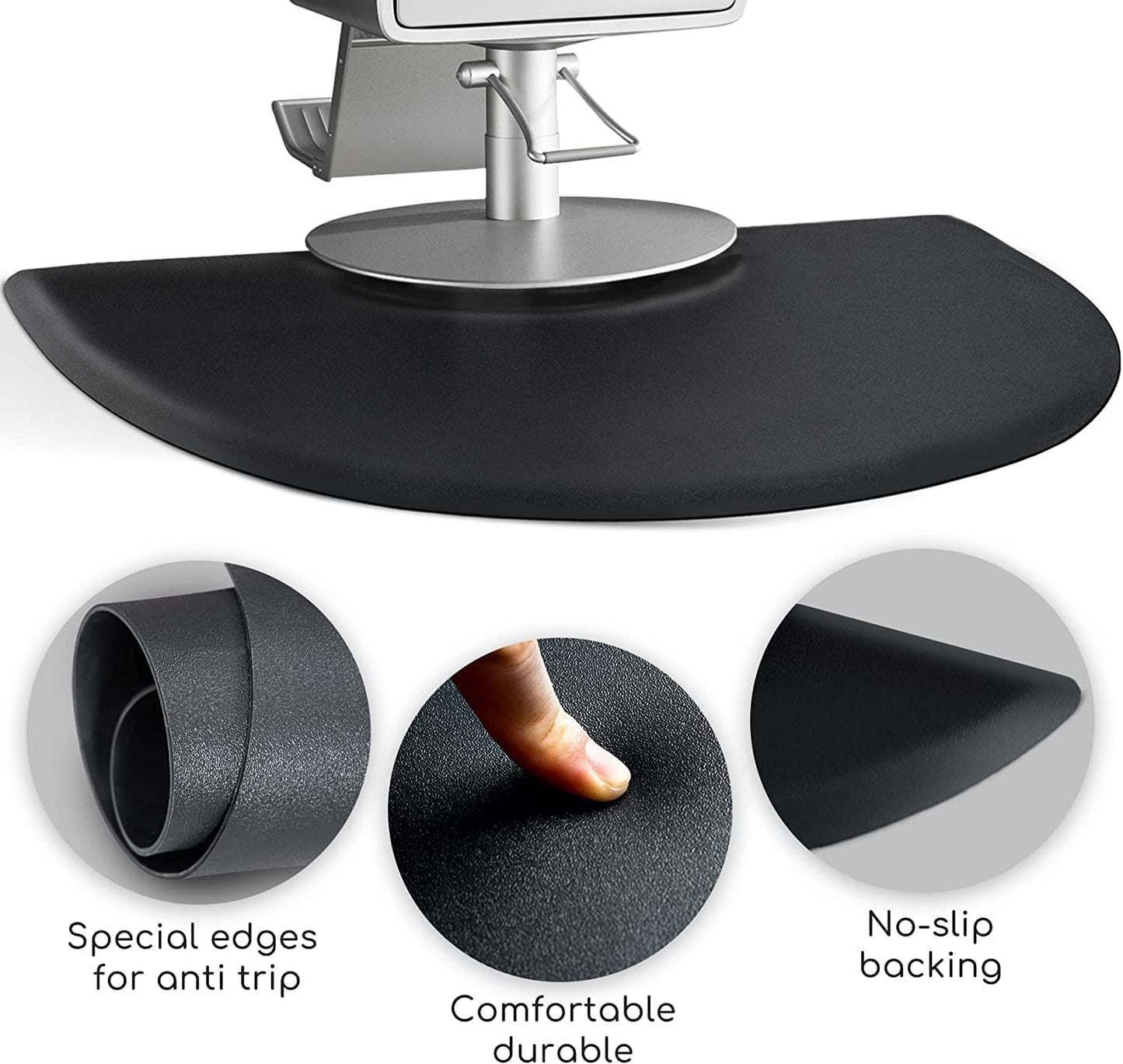 Barber Shop Salon Floor Chair Mat - Black Semi Circle Hair Stylist Station Anti Fatigue Mats - 3x4 - 1/2" Thick