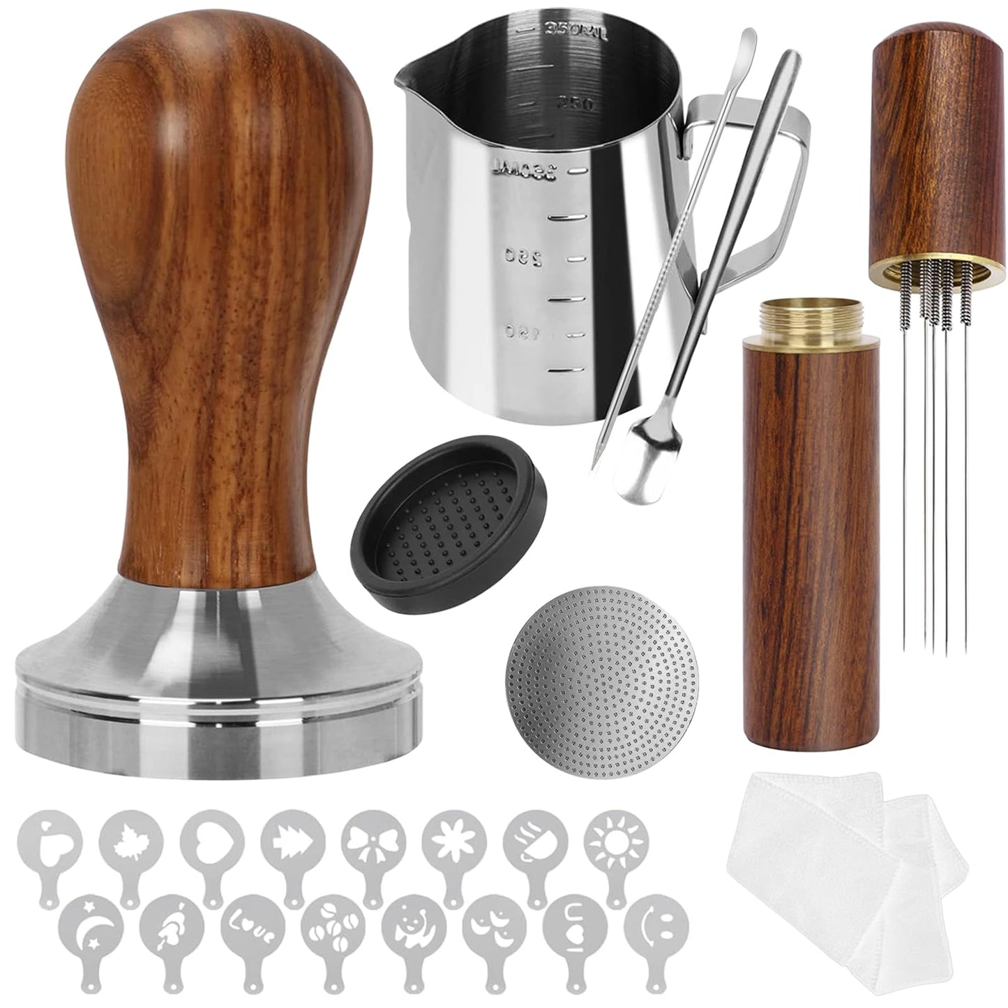 Gmnuiy51mm Coffee Tamper Set 24PCS, Espresso Accessories Kit Barista Kit,316stainlesss Tamper & WDT Tool,316stainlesss Frothing Pitcher, Stirrer, Tamper Mat, Latte Art Pen Coffee puck screen