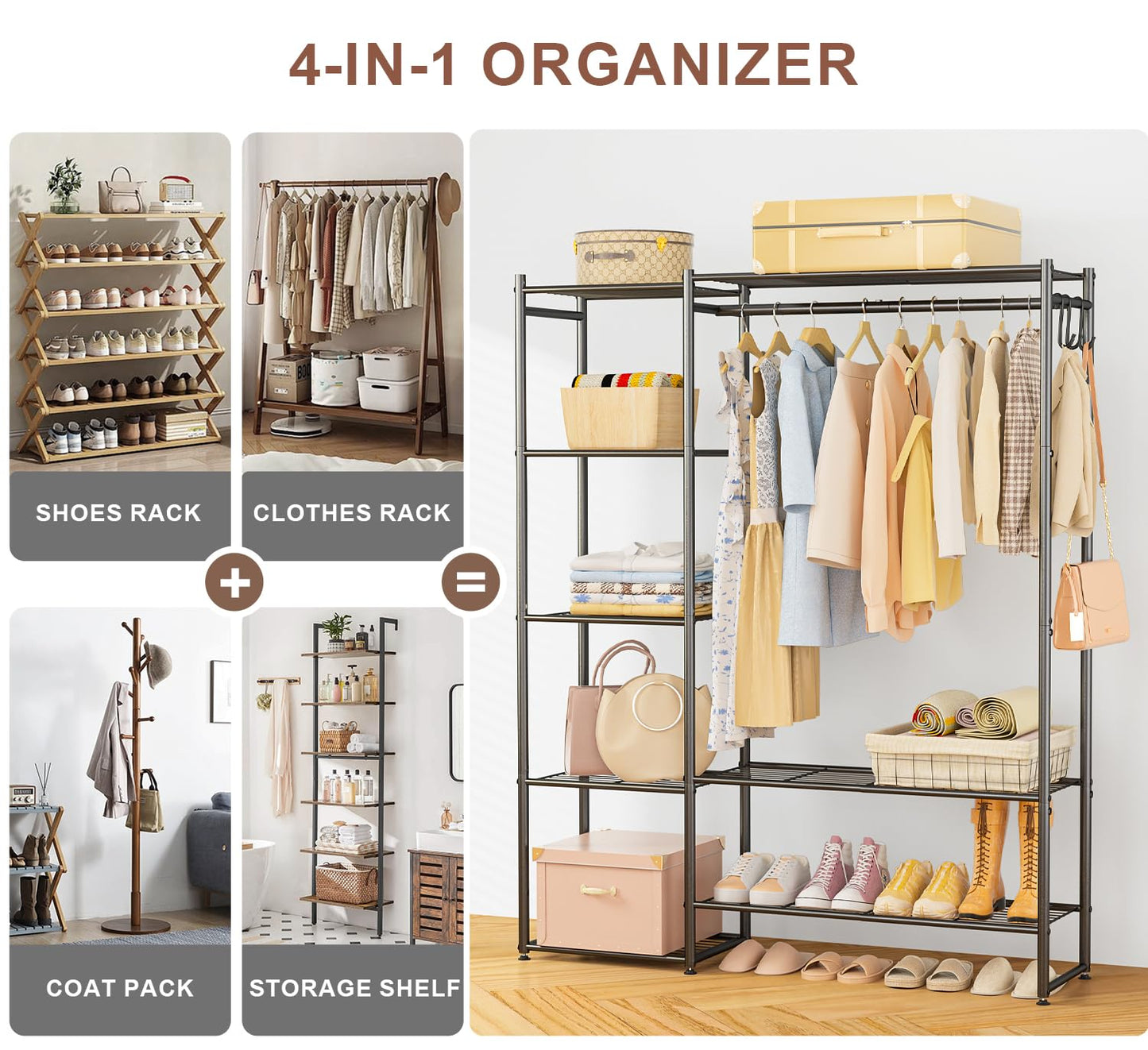 Neprock Wardrobe Closet, Portable Clothing Rack for Hanging Clothes, Free Standing Closet Organizers and Storage System with 4 Tiers Shelves for Cloakroom Bedroom, Black