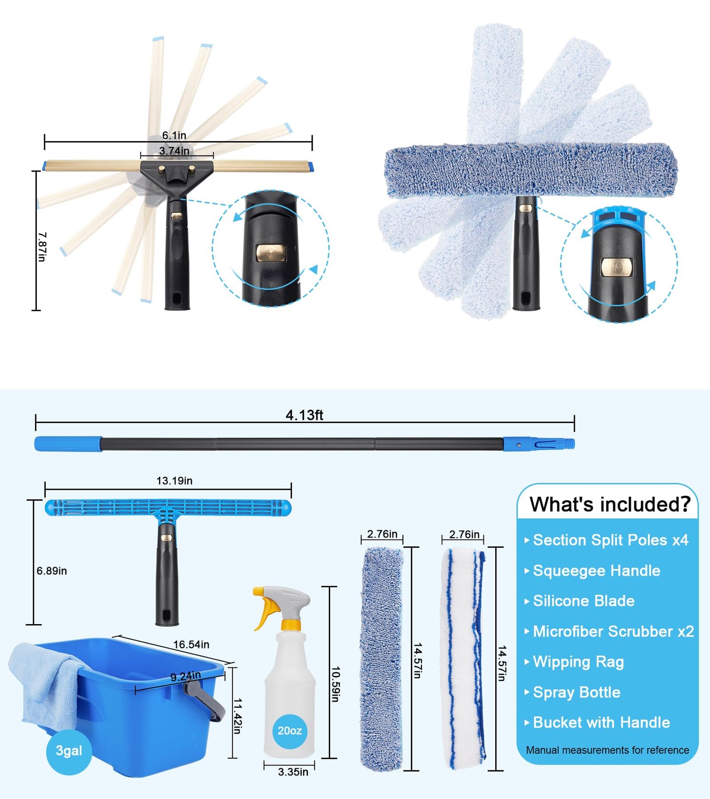 Professional Window Cleaning Kit with 50" Extension Pole, 8-in-1 Window Scrubber Squeegee Set, 14" Flexible Head, 3 Gallon Storage Bucket, Spray Bottle Microfiber Cloths for High Indoor/Outdoor Glass