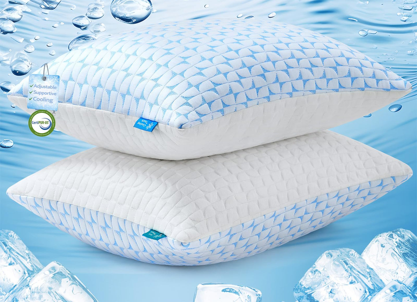 QUTOOL Firm Pillow Shredded Memory Foam, Cooling Pillow for Hot Sleeper, Adjustable Bed Pillow for Side Back Stomach Sleepers, Washable Cover, CertiPUR-US Certified, Standard Size Set of 2