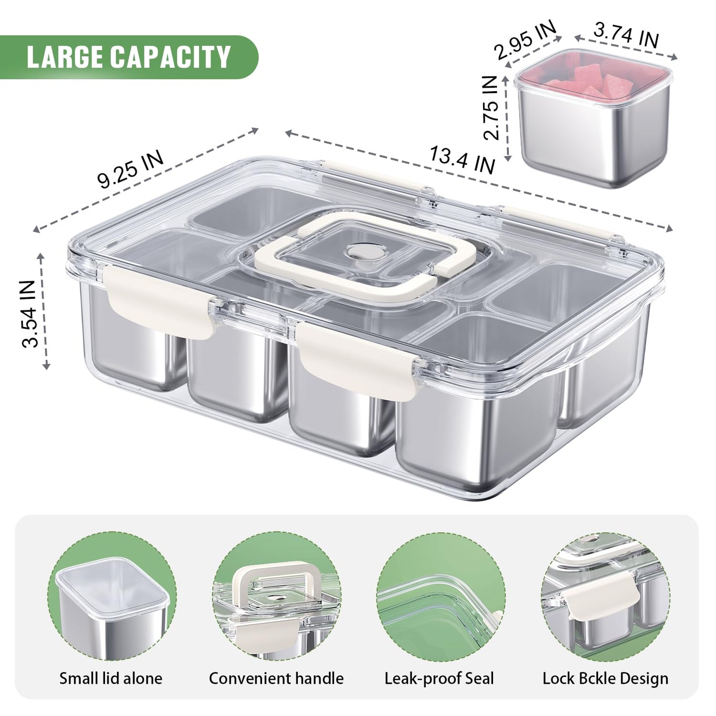 Snackle Box Container, 304 Stainless Steel Divided Serving Tray with Lid and Handle, Portable 8 Compartments Veggie Tray for Fruits,Veggies,Nuts &Candy, Dishwasher Safe for Travel,Picnic,Beach&Parties