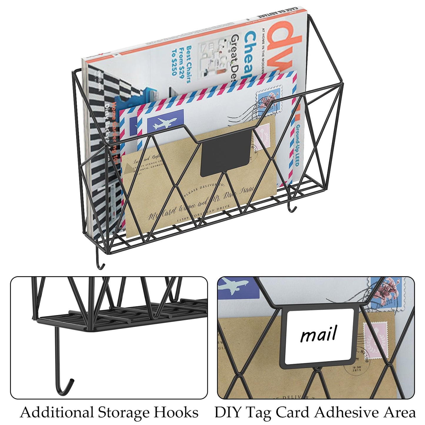 YBING Wall File Organizer Mesh Hanging Wall-mount Files Holder 6 Pack Hanging Wire Magazine Rack and Mail Holder with Hooks Office Wall Organizer for Papers Folders Files Clipboard Black
