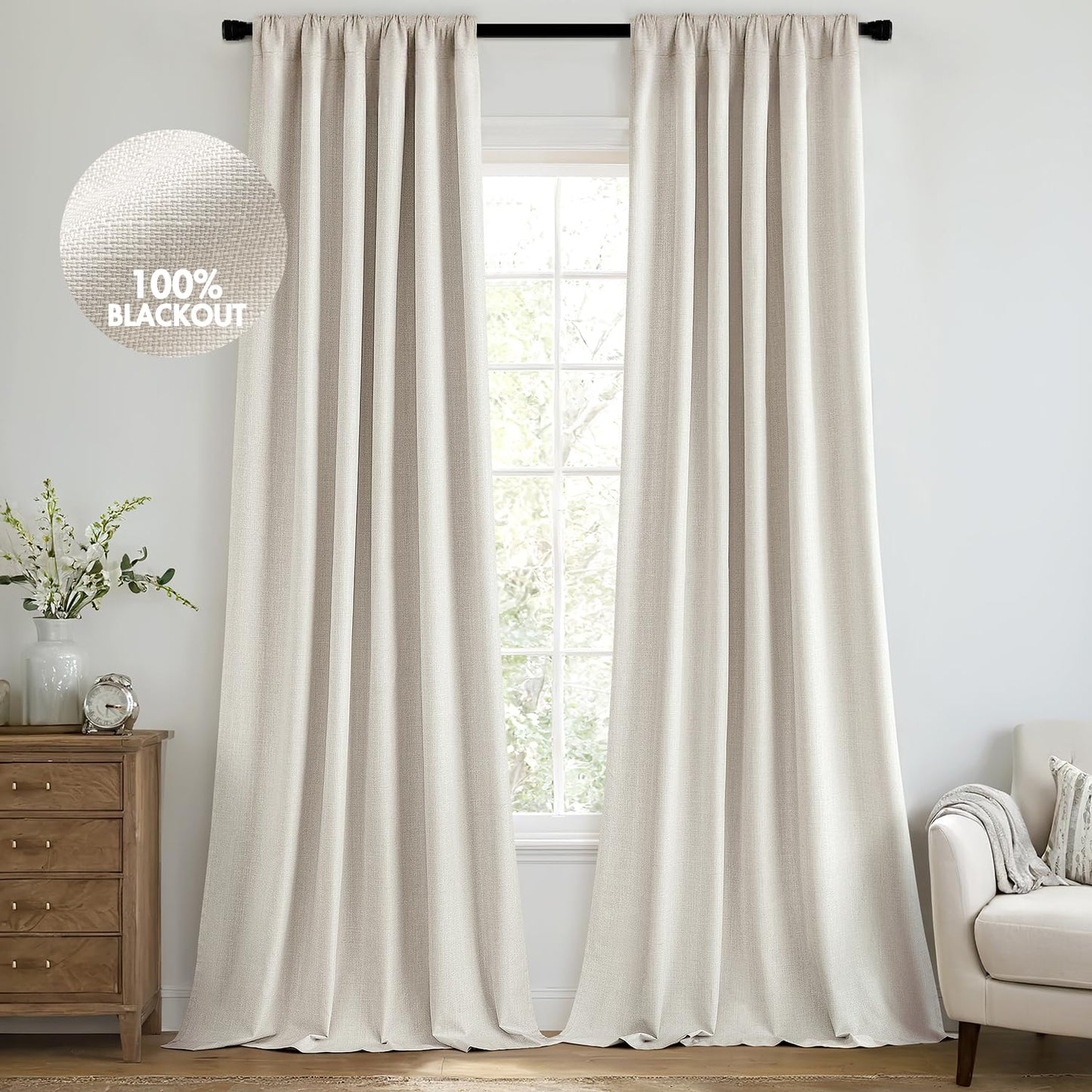 MIULEE 100% Blackout Curtains 96 Inch Long 2 Panels Set for Bedroom, Cream Thick Faux Linen Black Out Curtain Room Darkening Pleated Floor to Ceiling Window Drapes with Hooks for Living Room, Birch
